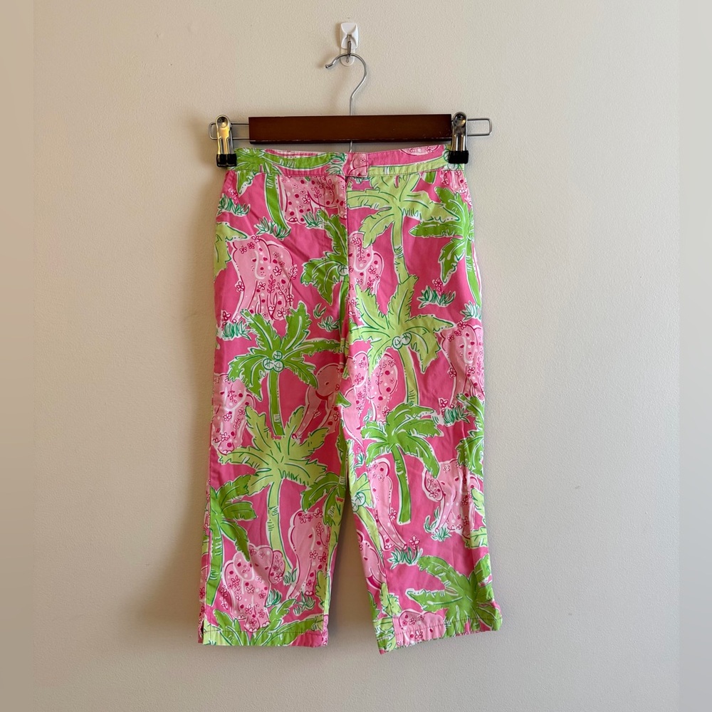 Vintage Lilly Pulitzer Girls Pink Green Palm Print Capri Pants Taboo Print (6X)